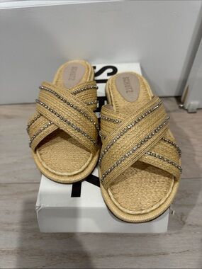 SCHUTZ Tan Woven Slide Sandals with Crystal Accent